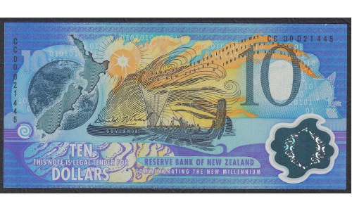 Новая Зеландия 10 долларов 2000 год, полимер пластик, чёрная серия (New Zealand 10 dollars 2000, Polymer plastic, black serial) P 190a: UNC