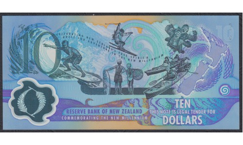 Новая Зеландия 10 долларов 2000 год, полимер пластик, чёрная серия (New Zealand 10 dollars 2000, Polymer plastic, black serial) P 190a: UNC