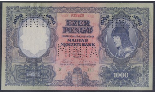 Венгрия 1000 пенго 1927 года, ПРОСТО РАРИТЕТ (Hungary 1000 pengo 1927) P 94: aUNC/UNC