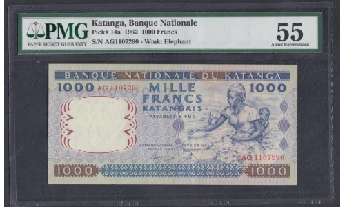 Катанга 1000 франков 1962 год (KATANGA 1000 francs 1962) P 14a: aUNC PMG 55 