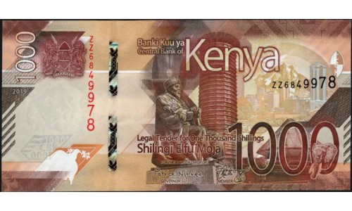 Кения 1000 шиллингов 2019 серия ZZ (KENYA 1000 shillings 2019 prefix ZZ) P W56 : UNC
