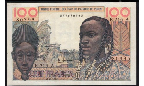 Кот-д'Ивуар 100 франков 2-3-1965 (Cote d'Ivoire 100 francs 2-3-1965) P 101Ac : aUNC