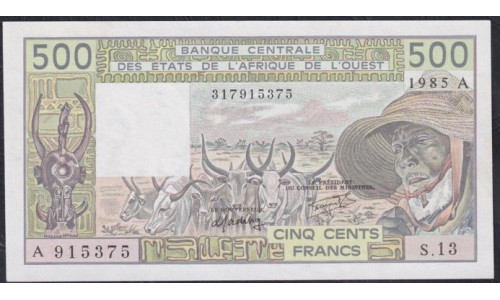 Кот-д'Ивуар 500 франков 1985 года (Cote d'Ivoire 500 francs 1985) P 106Ai: UNC