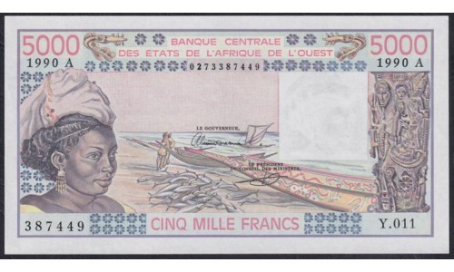 Кот-д'Ивуар 5000 франков 1990 (Cote d'Ivoire 5000 francs not 1990) P 108Aq: aUNC