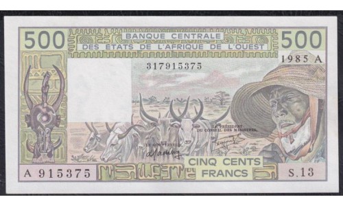 Кот-д'Ивуар 500 франков 1985 года (Cote d'Ivoire 500 francs 1985) P 106Ai: UNC