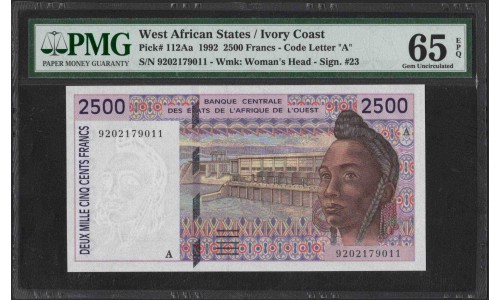 Кот-д'Ивуар 2500 франков 1992 (Cote d'Ivoire 2500 francs 1992) P 112Aa : UNC PMG 65 EPQ