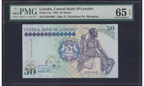 Лесото 50 малоти 1992 года, РЕДКИЕ (Lesotho 50 maloti 1992) P 14a: PMG 65 Gem UNC EPQ