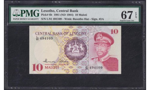 Лесото 10 малоти 1981 года, L/81 49409 (Lesotho 10 maloti 1981) P 6b: PMG 67 Superb Gem UNC EPQ