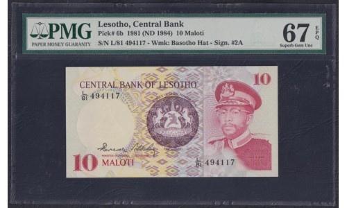 Лесото 10 малоти 1981 года, L/81 494117 (Lesotho 10 maloti 1981) P 6b: PMG 67 Superb Gem UNC EPQ