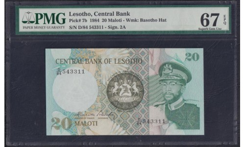 Лесото 20 малоти 1984 года (Lesotho 20 maloti 1984) P 6b: PMG 67 Superb Gem UNC EPQ