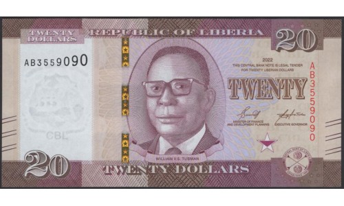 Либерия 20 долларов 2022 (Liberia 20 dollars 2022) P W39 : UNC