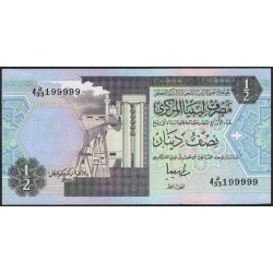 Ливия 1/2 динара б/д (1991) номер 199999 (Libya 1/2 dinar ND (1991) number 199999) P 58с : Unc