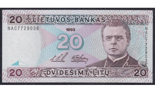 Литва 20 литов 1993 года, NAC7729036 (Lithuania 20 litu 1993) P 57a: Unc