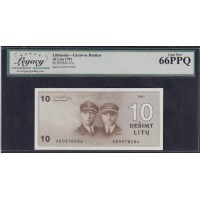 Литва 10 лит 1991 года, с ошибкой в фамилии, литера АВ (Lithuania 10 litu 1991) P 47a: Legacy 66 Gem New UNC PPQ