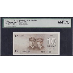 Литва 10 лит 1991 года, с ошибкой в фамилии, литера АВ (Lithuania 10 litu 1991) P 47a: Legacy 66 Gem New UNC PPQ