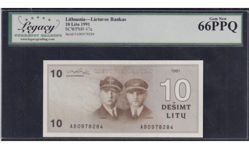 Литва 10 лит 1991 года, с ошибкой в фамилии, литера АВ (Lithuania 10 litu 1991) P 47a: Legacy 66 Gem New UNC PPQ