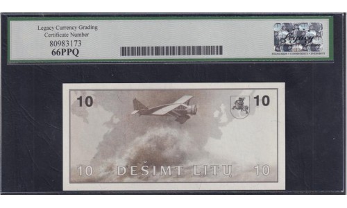Литва 10 лит 1991 года, с ошибкой в фамилии, литера АВ (Lithuania 10 litu 1991) P 47a: Legacy 66 Gem New UNC PPQ