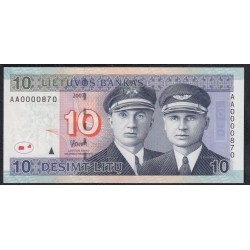 Литва 10 лит 2007 года, серия AA0000870(Lithuania 10 litu 2007 series AA) P 68: UNC