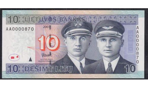 Литва 10 лит 2007 года, серия AA0000870(Lithuania 10 litu 2007 series AA) P 68: UNC