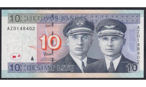 Литва 10 лит 2007 года, серия Замещения АZ 0148402(Lithuania 10 litu 2007 series AA) P 68: UNC