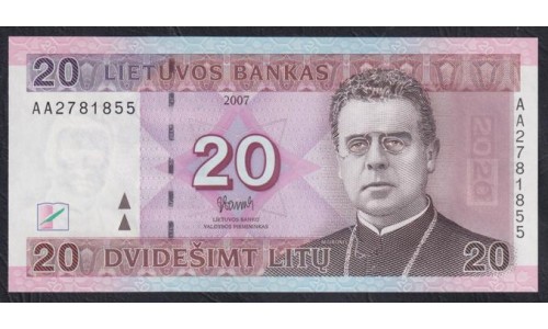 Литва 20 лит 2007 года, Серия AA2781855 (Lithuania 20 litu 2007) P 69: UNC