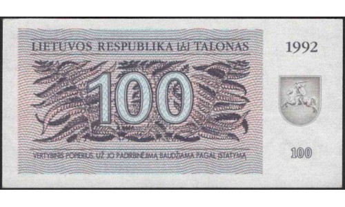 Литва 100 талонов 1992 (Lithuania 100 talonas 1992) P 42 : Unc