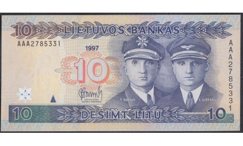 Литва 10 литов 1997 года, Серия ААА 2785331 (Lithuania 10 litu 1997) P 59: UNC