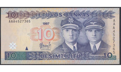 Литва 10 литов 1997 года, Серия ААА 4527365 (Lithuania 10 litu 1997) P 59: UNC