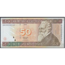 Литва 50 литов 2003 года ,  Серия АА, Низкий Номер (Lithuania 50 litu 2003, Low Number) P 67: UNC