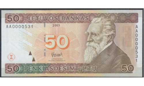 Литва 50 литов 2003 года ,  Серия АА, Низкий Номер (Lithuania 50 litu 2003, Low Number) P 67: UNC
