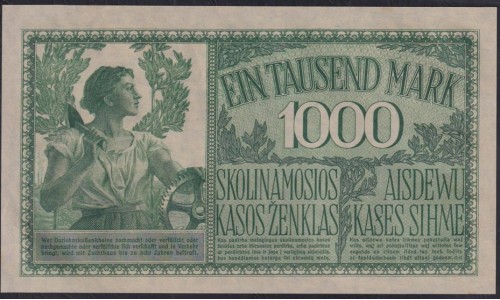 Литва 1000 марок 1918 года, Ковно - Каунас, A.543481 (Lithuania 1000 mark 1918, KOWNO) P R134a: UNC