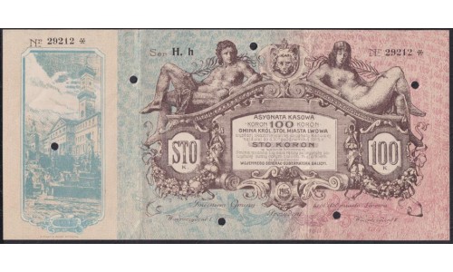 Львов 100 крон 1915 года, серия H. h № 29212 (Lwow 100 koron 1915) : XF