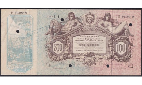 Львов 100 крон 1915 года, серия J. j  № 30300(Lwow 100 koron 1915) : XF