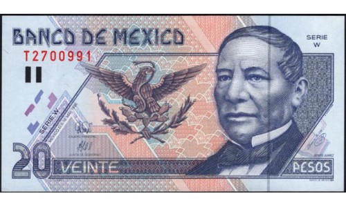 Мексика 20 песо 1996 года, серия W (MEXICO 20 Pesos 1996, Series W) P 106b: UNC