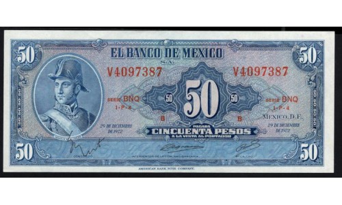 Мексика 50 песо 1972 года, серия BNQ (MEXICO 50 Pesos 1972) P 49u(1): UNC