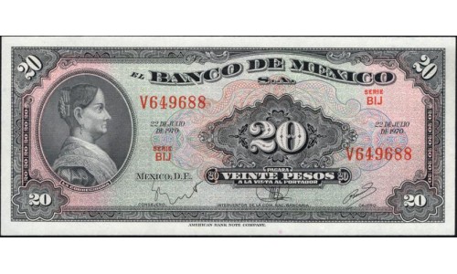 Мексика 20 песо 1970, серия BIJ (MEXICO 20 Pesos 1970) P 54p : UNC