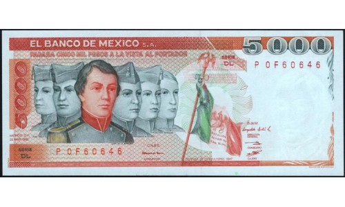 Мексика 5000 песо 1982 серия POF60646 (MEXICO 5000 Pesos 1982 series POF60646) P 77b: UNC