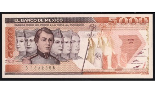Мексика 5000 песо 1987 серия JY (MEXICO 5000 Pesos 1987 series HS) P 88b(7): UNC