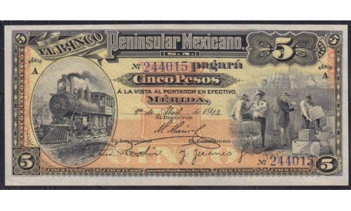 Мексика 5 песо 1.04.1914 (MEXICO 5 pesos Banco de Mexico  1.04.1914  Printer ABNC, New York ) P S465: UNC