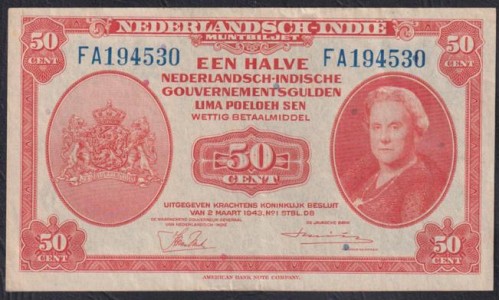 Нидерландская Индия 50 центов 1943 (NETHERLANDS INDIES 50 cent 1943) P 110a: XF/aUNC