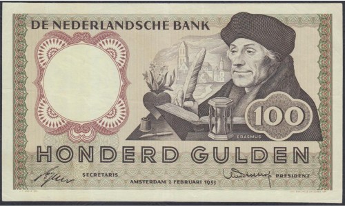 Нидерланды 100 гульденов 1955 года (NETHERLANDS 100 Gulden Nederlandsche Bank 1953) P 88: XF/aUNC