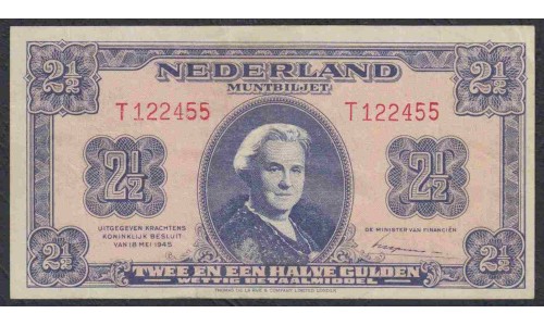 Нидерланды  2 1/2 гульдена 1945 года (NETHERLANDS  2 1.2 Gulden Koninkrijk der Nederlanden / Ministerie van Financiën  18.05.1945) P 71:  VF/XF