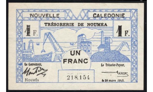 Новая Каледония 1 франк 1943 года (New Caledonia 1 Franc 1943) P 55b: aUNC/UNC