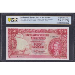 Новая Зеландия 50 фунтов 1956-1967 годы, РЕДКОСТЬ!!! (New Zealand 50 Pounds 1956-1967) P 161с: PCGS 67 SUPERB GEM UNC PPQ!!!!!!