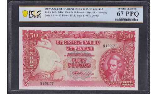 Новая Зеландия 50 фунтов 1956-1967 годы, РЕДКОСТЬ!!! (New Zealand 50 Pounds 1956-1967) P 161с: PCGS 67 SUPERB GEM UNC PPQ!!!!!!