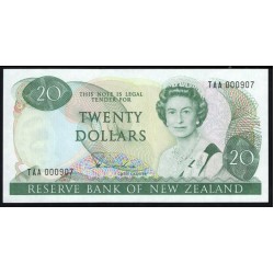 Новая Зеландия 20 долларов 1985-89 год, Короткий Номер ТАА 000907 (New Zealand 20 dollars 1985-89) P 173a: UNC