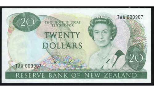 Новая Зеландия 20 долларов 1985-89 год, Короткий Номер ТАА 000907 (New Zealand 20 dollars 1985-89) P 173a: UNC
