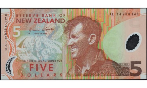 Новая Зеландия 5 долларов 2014 год, полимер пластик, Серия AL (New Zealand 5 dollars 2014, Polymer plastic) P 185c : UNC