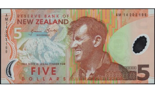 Новая Зеландия 5 долларов 2014 год, полимер пластик, Серия AM (New Zealand 5 dollars 2014, Polymer plastic) P 185c: UNC