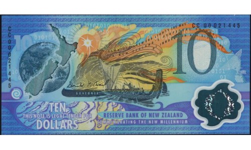 Новая Зеландия 10 долларов 2000 год, полимер пластик, чёрная серия (New Zealand 10 dollars 2000, Polymer plastic, black serial) P 190a: UNC